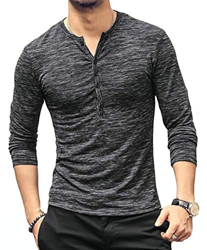 MLANM Mens Fashion Slim Fit Basic Henley Lightweight Long Sleeve Casual T-Shirt, X-Large Black
