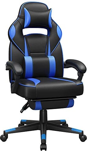 SONGMICS Fauteuil de Bureau, Chaise Gaming, Réglable, Repose-Pieds Télescopique, Mécanisme à Bascule, Appui-tête, Support Lombaire, Charge 150 kg, Noir d'encre et Bleu Ciel OBG073B04
