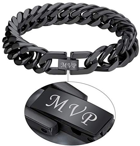 Bandmax Herren personalisiert Armkette 21cm/12mm massive Panzer Armband schwere Schwarz Panzerkette Armband für Männer Jungen, kubanische Gliederarmband Modeschmuck Accessoire für tägliches Tragen