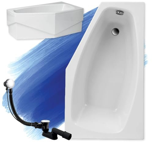 BADLAND Badewanne Original Weiß Acryl Wanne Eckbadewanne MARIKA 140x80 Rechts KOMPLETTSET SET mit Weiß Acrylschürze + Füßen und Exklusive Chrom Automatik Ablaufgarnitur Made in EU 4in1
