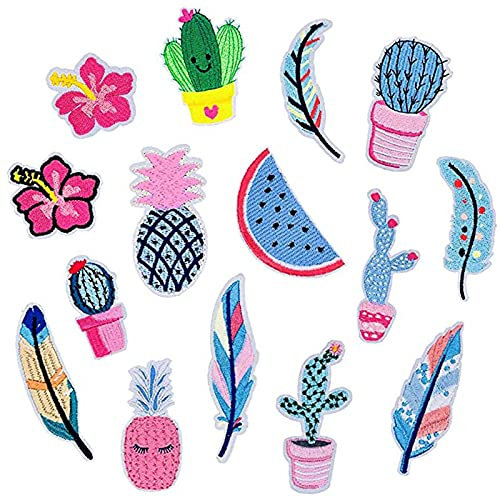 15 Stück Patches zum Aufbügeln, Aufbügelbare Aufnäher Kinder Flicken Aufnäher Bügelbilder, Vintage Aufnäher Applikation Kaktus, Federn für Kleidung, Hosen, Schulranzen