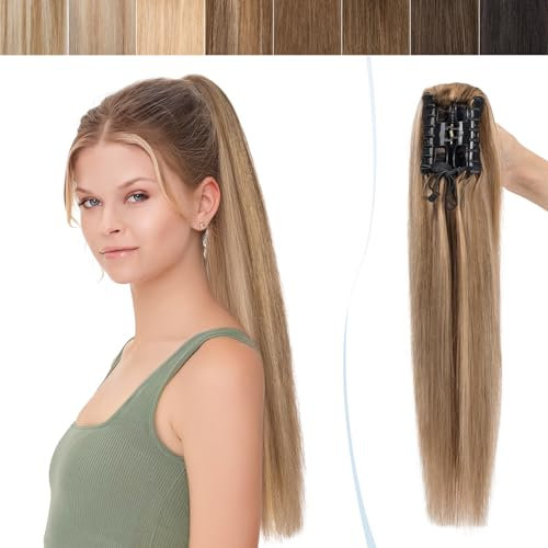 SEGO Queue de Cheval Naturel Lisse - Extension Queue de Cheval Cheveux Humains - Queue de Cheval Pince - Postiche Queue de Cheval Afro - 40CM 4P27#Marron Chocolat & Blond Foncé