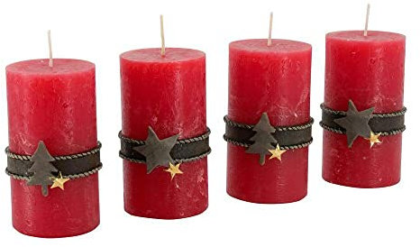 Adventskerzen mit Motiven – 4er Set - Rustikale Oberfläche - Kerzen/Stumpenkerzen für Weihnachtskranz/Adventskranz - Weihnachten (Rubin, Höhe 11 cm/Ø 6 cm)