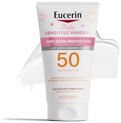 Eucerin Sun Sensitive Mineral Baby Sunscreen Lotion SPF 50 with Zinc Oxide Protection, Hypoallergenic Mineral Sunscreen for Babies, Tear Free and Fragrance Free, 4 Fl Oz Tube