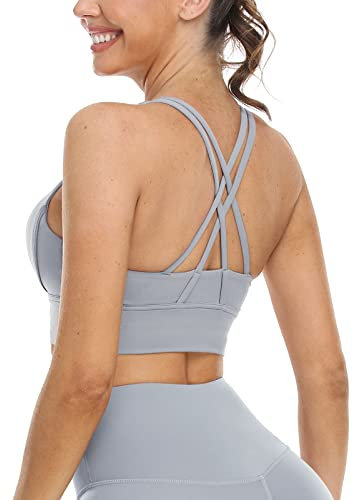 icyzone Damen Sport BH Starker Halt Gepolstert Training Bustier Top Fitness Yoga Bra (L, Grey)