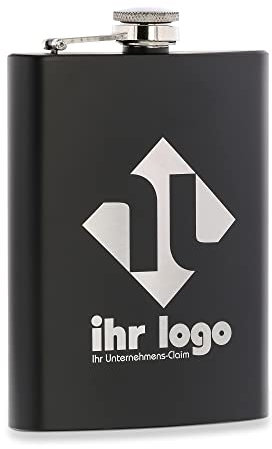 gravur-fabrik.de – personalisierbarer Flachmann in schwarz aus Edelstahl – Taschenflasche mit Wunschgravur und Geschenkverpackung – Gravierter Flachmann für Ausflüge, Jäger, Wanderer, Skifahrer