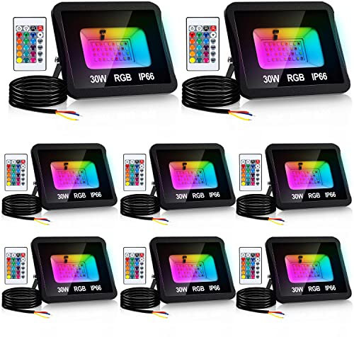 Ikodm Faretto 8er 30W RGB con telecomando, faretto LED colorato dimmerabile, 16 colori 5 modalità, funzione di memoria impermeabile per illuminazione del percorso di illuminazione esterno all'interno