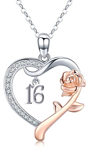 16th Birthday Necklace Sterling Silver Roseflower Heart Necklace Number 16th Birthday Anniversary Initial Necklace Personalised Jewellery Gift for Women Girls