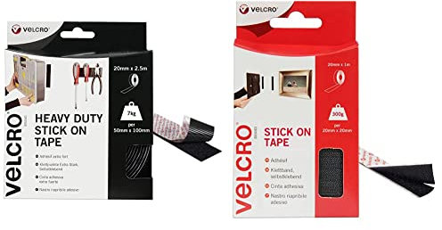 VELCRO Brand Cinta adhesiva extra fuerte 50mm x 2.5m Negro & Cinta adhesiva 20mm x 1m Negro