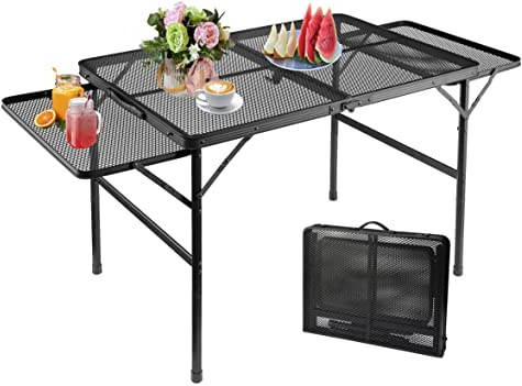 SKIKEN Large Folding Camping Table - Metal Mesh Grill Table with 2 Wing Panels | 2 Adjustable Heights | Large Picnic & Outdoor Table | Expandable Shelves, Lightweight (4.4 FT, Black)