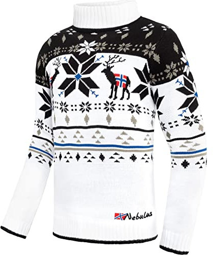 Nebulus Herren Norweger Strickpullover Stag, lässiger Pullover, vielseitig, weiß - L