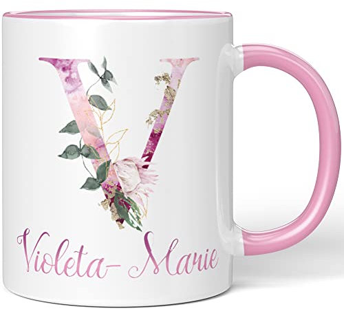 JUNIWORDS Tasse, Violeta-Marie, Name Anfangsbuchstabe Initial Alphabet Floral Buchstabe V Monogramm Motiv, Rosa (5548135)