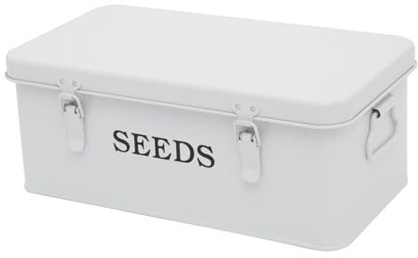 Xbopetda Seed Storage Box Organiser, Metal Garden Seed Tin with Side Handles and Lid, 4 Compartments & Safety Lock Seed Packet Container Seed Storage Container, Gardening Gifts for Gardeners (White)