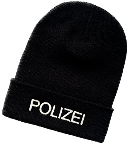 Schnoschi Schwarze Strickmütze mit breitem Umschlag (Beanie Mütze) mit Polizei Bestickt für Herren, Damen, Jugendliche und Kinder