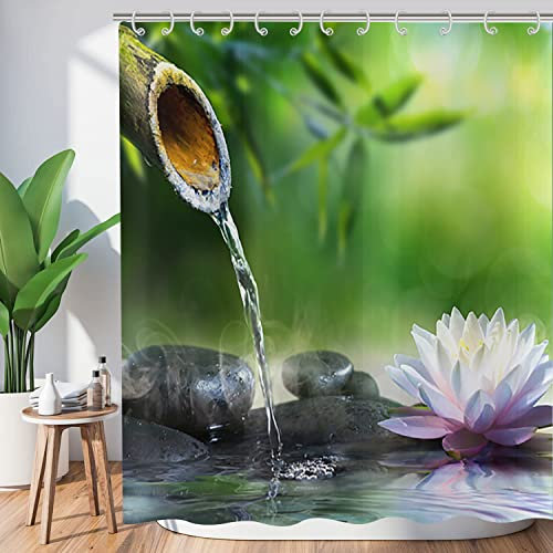 Hnmdmyi Rideau de Douche Zen Jardin 180x200, Spa Bambou Vert Pierre Noire Fleur Blanche, Baignoire Méditation Japonaise Détente, Tissu Étanche Lavable avec Crochets
