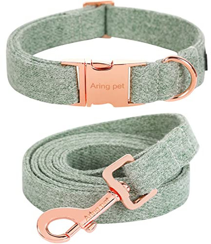 ARING PET Hundehalsband, Baumwolle grün Hundehalsband und Leine Set, Bequeme Hundehalsbänder und Leine mit Metallschnalle für kleine mittlere große Hunde