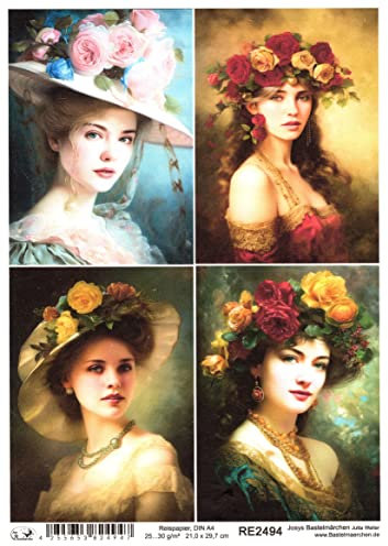 Josys Bastelmärchen Reispapier A4 Strohseide Mädchen Frau Portrait Malerei Vintage Blume Rose RE2494