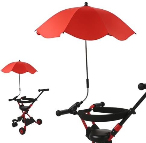Tonysa 14-Zoll-Kinderwagen-Sonnenschirm, Universeller Kinderwagen-Regenschirm mit Klemme, 360 Grad Verstellbarer UV-Schutz-Kinderwagen-Regenschirm, Faltbarer Wasserdichter (Rot (Silberkleber))