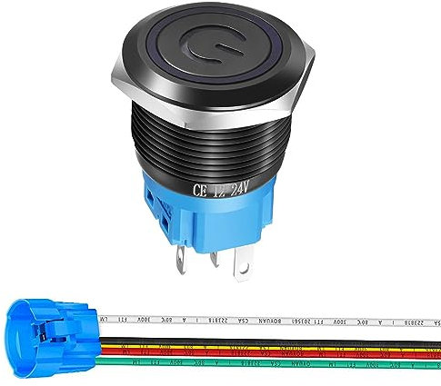 Interruttore a pulsante a scatto in acciaio inossidabile da 19mm 12-24V/5A Simbolo di alimentazione 1NO1NC SPDT Interruttore a levetta impermeabile con presa a filo Spina (LED blu/Guscio Nero)