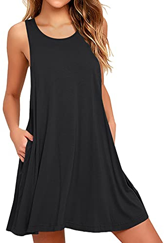 Actcat Strandkleid Damen Sommer Ärmellos Leicht Luftig Casual Kleid | Knielang,mit Taschen,Lässiges T-Shirt-Kleid,Freizeitkleid