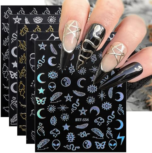JMEOWIO 9 Sheets Moon Star Sun Nail Art Stickers Decals Self-Adhesive Snake Colorful Nail Supplies Nail Art Design Decoration Accessories