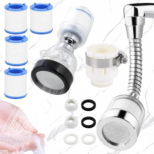 Oneroomone 2 Pezzi Filtro Acqua Rubinetto, Filtro Anticalcare Rubinetto, Filtro Per Rubinetto, 360° Rotante Filtro Acqua Rubinetto con 4 Elemento Filtrante Sostituibile Per Lavello, Cucina, Bagno