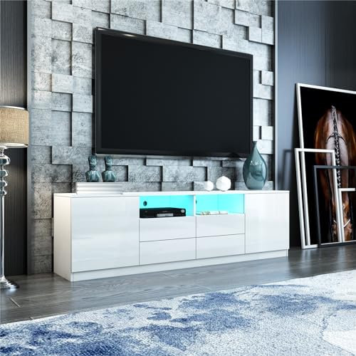 TV Stand Cabinet Modern White Gloss TV Stand Unit Sideboard with LED Lights 180CM, 4 Drawers and 2 Doors, for Bedroom Living Room Home Furniture