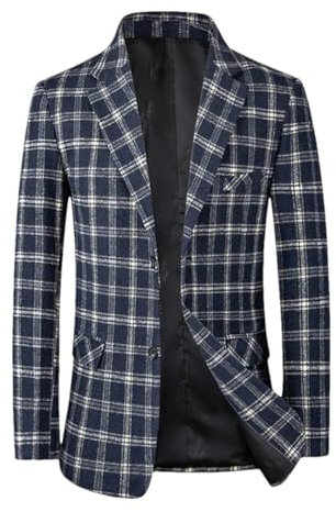 ERFMFKL Blazer à carreaux pour homme - Coupe ajustée - Style décontracté - À carreaux - Simple boutonnage - Pour mariage, bleu marine, L