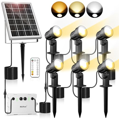 MEIHUA 6 in 1 Solar Spotlights Outdoor Garden, Solar Powered Spike Lights 2700K/4000K/6500K with Remote Control, IP66 Waterproof Solar Landscape Spotlights for Yard Lawn Tree Statue Patio Balcony