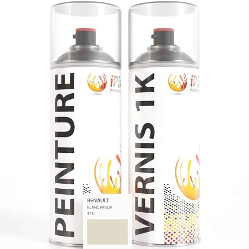 ipixline Kit Retouche Peinture Carrosserie Voiture - Bombe Aérosol Peinture Auto 400 ml, Vernis Brillant 1k 400 ml - Compatible avec Renault - Blanc Panda 348