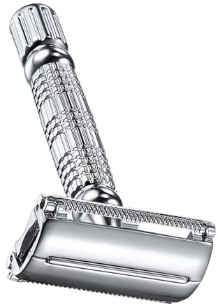 Handrasierer Doppelklingenrasierer aus Legierung Silber | Friseursalons und Barbershops, Manuelle Rasur, Leicht zu Reinigen, Sicherer Griff