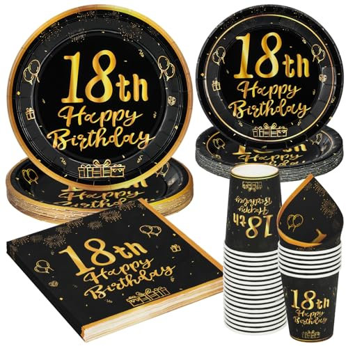 PARTY GO Juego de 96 piezas de vajilla de feliz cumpleaños número 18, platos de papel negro y dorado, vasos y servilletas, vajilla desechable para decoración de fiesta para mujeres y hombres,
