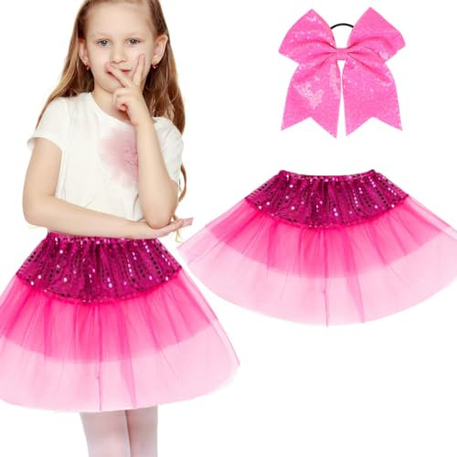 KSJEHW Gonna in Tulle per Bambini e Bambine, con Paillettes, Gonna Rosa da Balletto, 2-7 Anni,Con Nastro Accessori per capelli