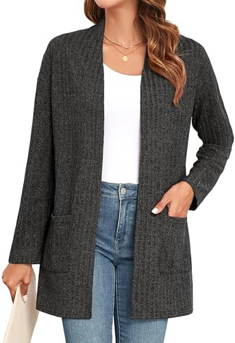 IWOLLENCE Cardigans for Women UK Long Sleeve Lightweight Cardigans Open Front Ribbed Knit Outerwear Cardigan Jumper with Pocket (Dark Gray, XXL)