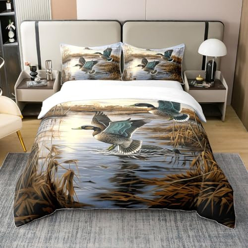 Wilde Ente 100% Bio-Baumwolle Bettbezug 135x200,Jagd Thema Tröster Bezug,Rustikale Natürliche See Landschaft Vogel Bettwäsche Set,Fliegende Ente Jagd Thema Wildlife Bett Set,Blau Gelb