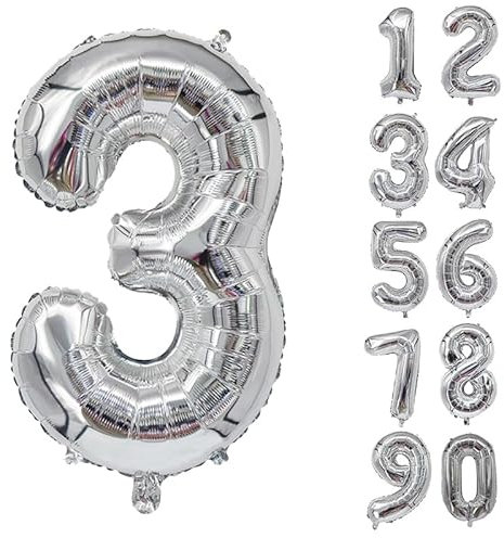 32 Inch Number Balloons Giant Number Aluminium Foil Helium Balloons for Birthday Party Celebration Decoration New Year Baby Shower Anniversary (Silver, 3)