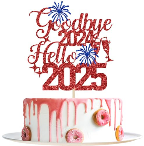 Goodbye 2024 Hello 2025 Cake Topper, Happy New Year Cake Decorations, Happy 2025, 2025 New Years Eve Party Decorations, Red Glitter