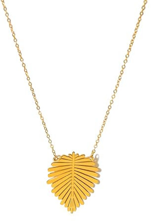 Kritz Collier Femme Feuille Palmier Plaqué Or - Pendentif Palm Leaf Tropical Acier inoxydable Hypoallergenique et Chaîne réglable - Bijoux Cadeau