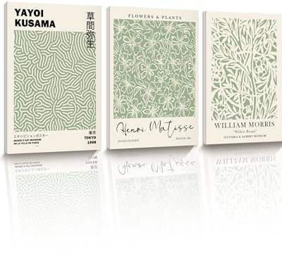 HesenDot Matisse Sage Green Framed Wall Art,William Morris Canvas Wall Decor 30x40CM Plants Botanical Poster Prints,Minimalist Classic Home Decor for Living Room Bedroom Bathroom Office,Set of 3