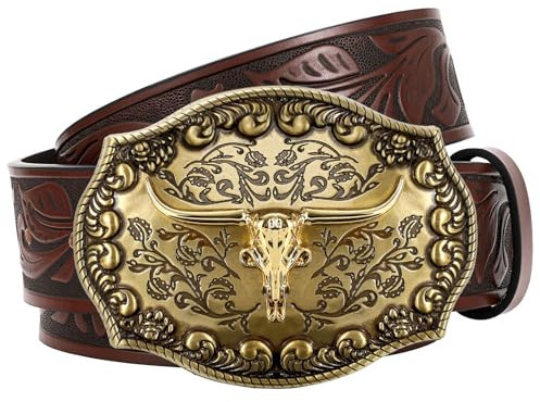 JasGood Western Leder Cowboy Gürtel für Herren Damen Longhorn Schnalle Cowgirl Gürtel Floral gravierte geprägte Vintage Unisex Gürtel für Jeans