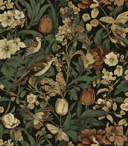 Erfoni 17.3 x118 Vintage Floral Peel and Stick Wallpaper Dark Floral and Bird Contact Paper DIY Self Adhesive Removable Wallpaper for Bedroom Cabinets Decor Retro Boho Flower Leaf Wall Paper