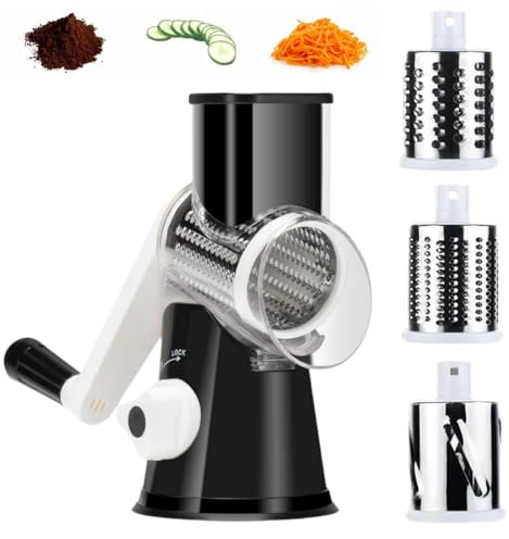 Rotary Cheese Grater Vegetable Slicer, Round Drum Grater Chopper with 3 Stainless Steel Drums Blades, Strong Suction Base