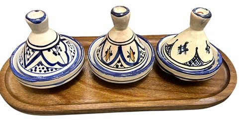 Lot de 3 Mini Tajines avec Plateau – Artisanat Marocain pour Condiments et Sauces (MODELE 09)