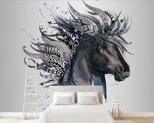 XLMING Black and White Abstract Personality Art Watercolour Horse Head 3D Wallpaper Home Study Office Grey Dining Room Sofa Bedroom Living Room TV Backdrop-430cm×300cm