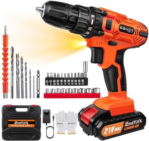 21V Cordless Drill Set, Electric Power Drill with 1 Battery, 3/8'' Keyless Chuck, 45Nm, 25+1 Torque, 2 Variable Speeds,29pcs Drill Bits & LED Electric Drill Set for Home and Garden DIY (Orange)