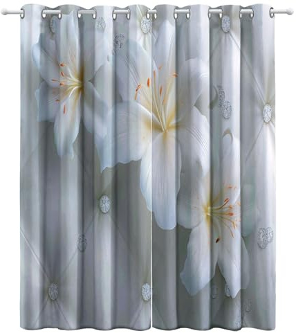Grau Superweich Gardinen Verdunkelung für Schlafzimmer Thermo Vorhänge mit Ösen Vorhang mit Muster 3D Exquisit Blumen Lilien Strass, H160 x B70 cm (2er Pack) - für Wohnzimmer Babyzimmer