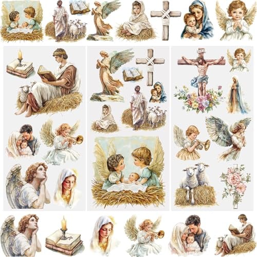 WANDIC 3 Bögen Transfer-Aufkleber, Christentum-Thema, wasserdicht, Möbelhandwerk, dekorativ, Junk-Tagebücher für Bastelarbeiten, Scrapbooking, 15 x 30 cm
