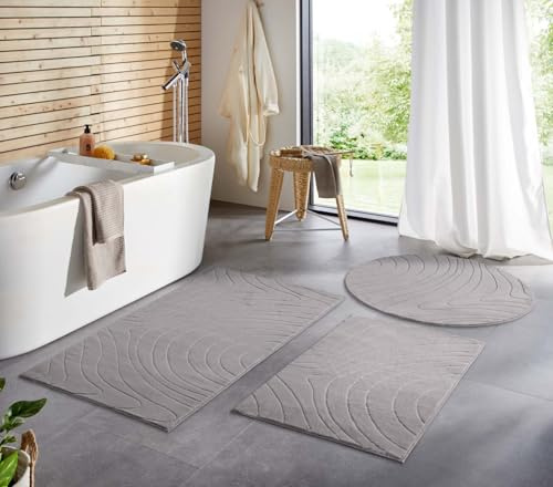 Taracarpet Badematte Badvorleger Homestyle rutschfest waschbar Badezimmerteppich Badewannenmatte, Badteppich, Duschmatte Badezimmer saugfähig Weich auch als Set Grau abstrakte Wellen 050x080 cm