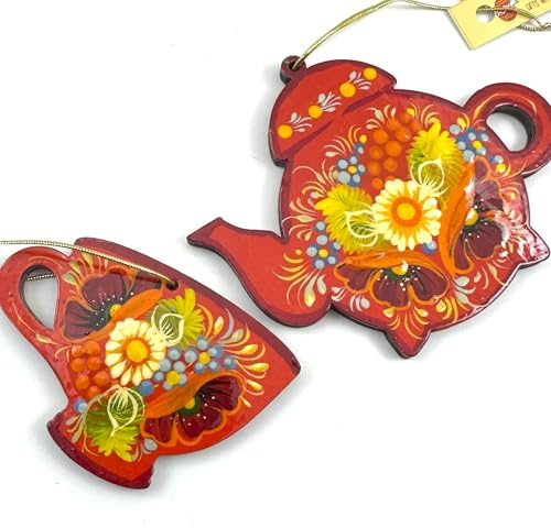 Christbaumschmuck Set – Handbemalte Teekanne & Teetasse aus Holz – Ukrainischer Weihnachtsschmuck – Originelles Geschenk