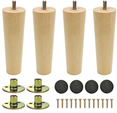 Aoyfuwell Möbelbeine aus Holz,12 cm (4er-Set),Konische Holz Tischbeine,Massivholz Möbelfüße mit Montageplatte & Filzgleitern für Sofa, Tisch, Schrank, Bett